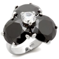 0W269 - Rhodium Brass Ring with AAA Grade CZ  in Jet