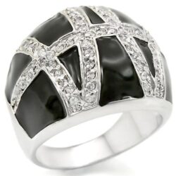 0W355 - Rhodium Brass Ring with AAA Grade CZ  in Clear