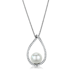 3W1036 - Rhodium Brass Chain Pendant with Synthetic Pearl in White