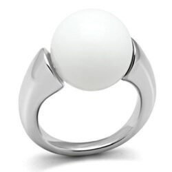 3W106 - Rhodium Brass Ring with Synthetic Glass Bead in White