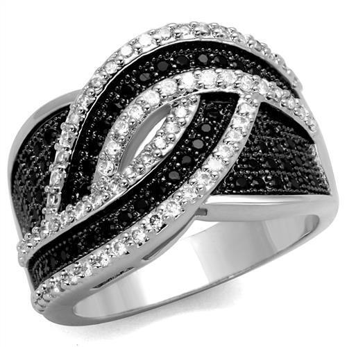 3W1090 - Rhodium + Ruthenium Brass Ring with AAA Grade CZ  in Black Diamond