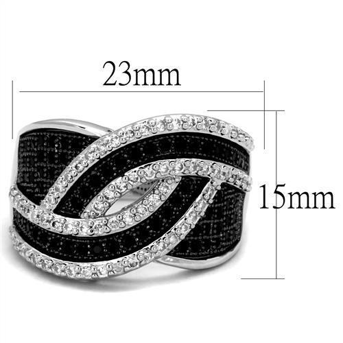 3W1090 - Rhodium + Ruthenium Brass Ring with AAA Grade CZ  in Black Diamond