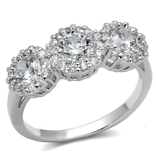 3W1347 - Rhodium Brass Ring with AAA Grade CZ  in Clear