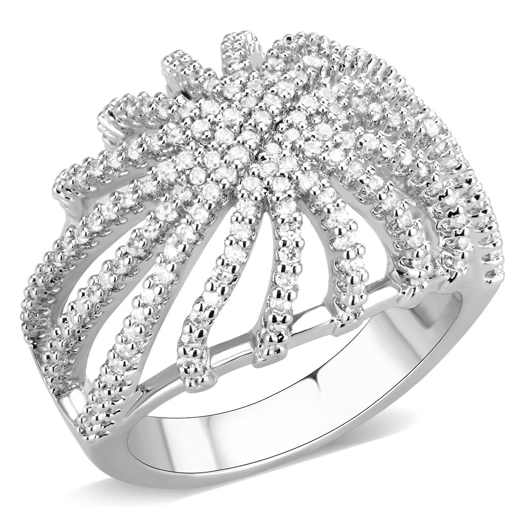 3W1547 - Rhodium Brass Ring with AAA Grade CZ  in Clear