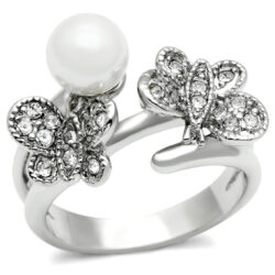 3W223 - Rhodium Brass Ring with Synthetic Pearl in White