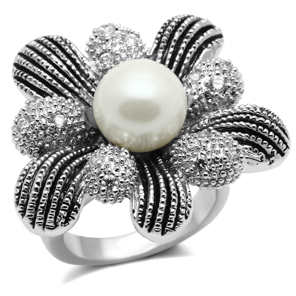 3W294 - Rhodium Brass Ring with Synthetic Pearl in White