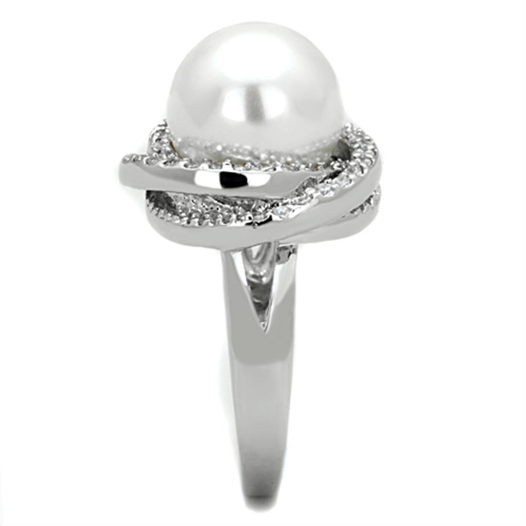 3W759 - Rhodium Brass Ring with Synthetic Pearl in White