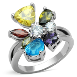 Jaime Cocktail Ring - Rhodium Brass, AAA CZ , Multi Color - 3W789