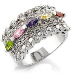 7X129 - Rhodium Brass Ring with AAA Grade CZ  in Multi Color