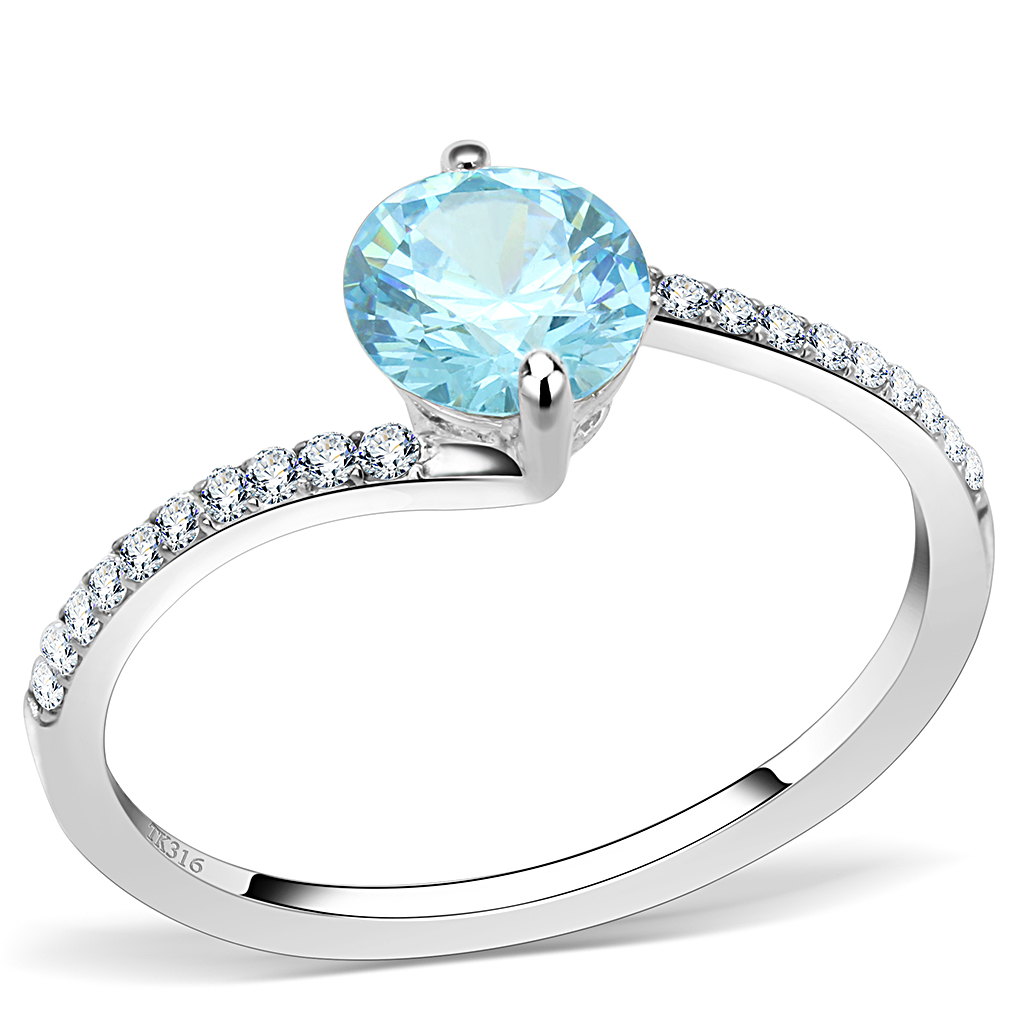 DA014 - High polished (no plating) Stainless Steel Ring with AAA Grade CZ  in Sea Blue