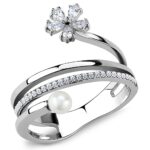 DA059 - High polished (no plating) Stainless Steel Ring with Synthetic Pearl in White