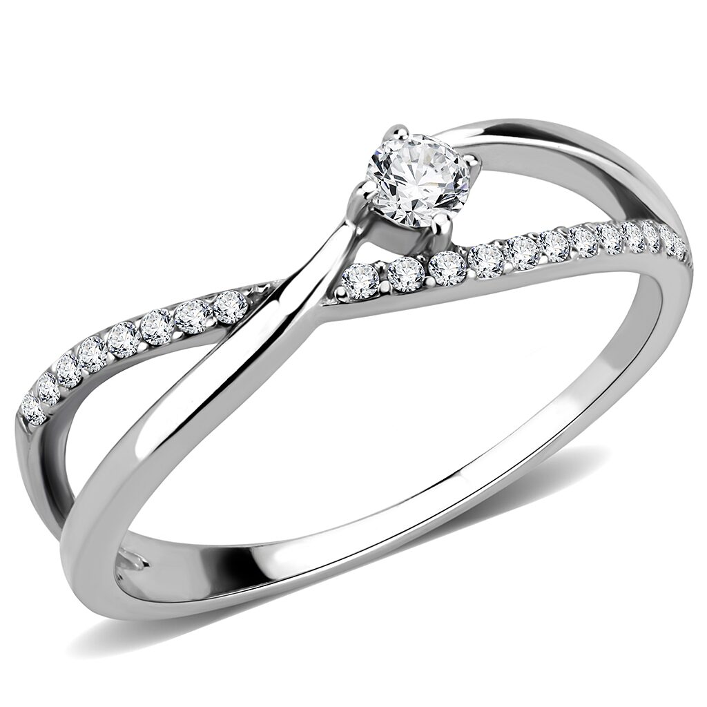 DA261 - High polished (no plating) Stainless Steel Ring with AAA Grade CZ  in Clear