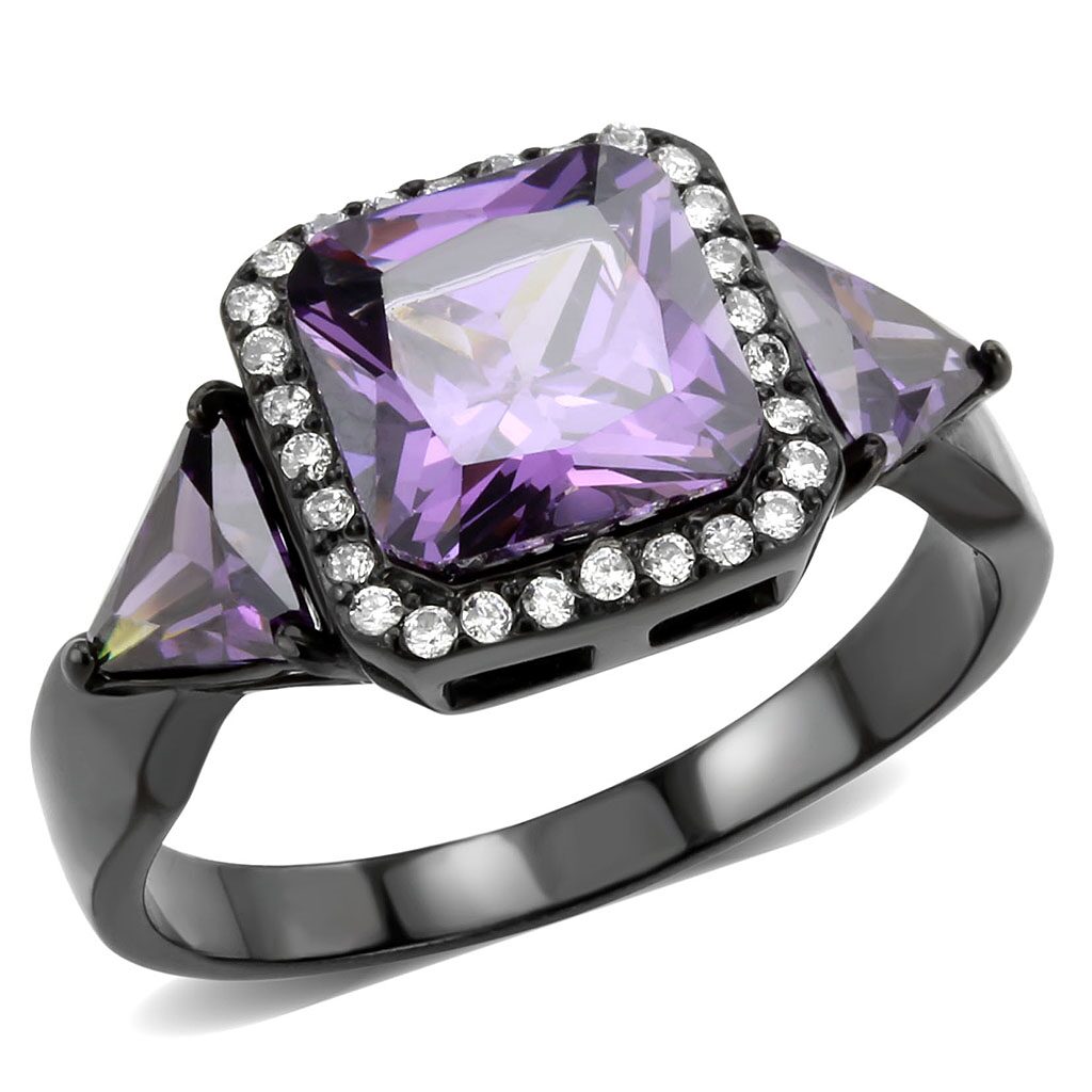 DA346 - IP Black(Ion Plating) Stainless Steel Ring with AAA Grade CZ  in Amethyst