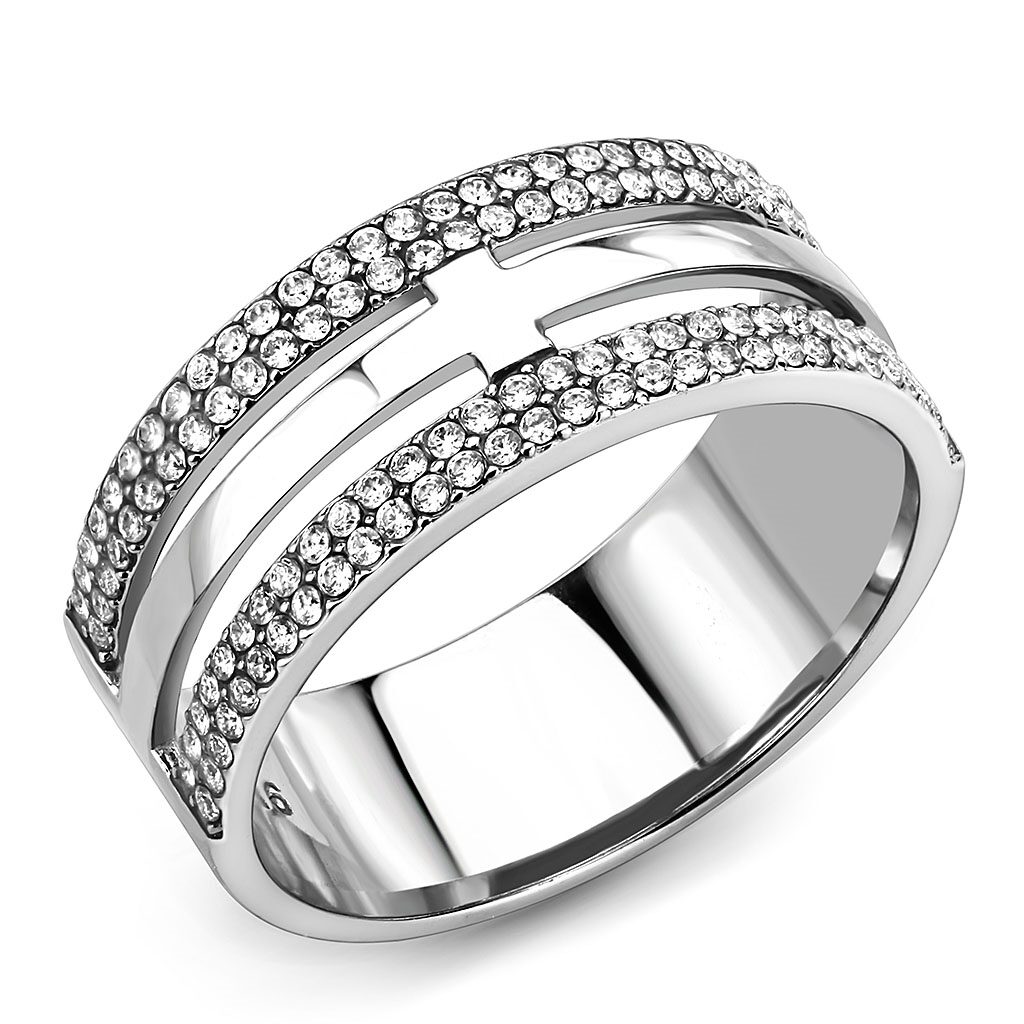 DA366 - High polished (no plating) Stainless Steel Ring with AAA Grade CZ  in Clear