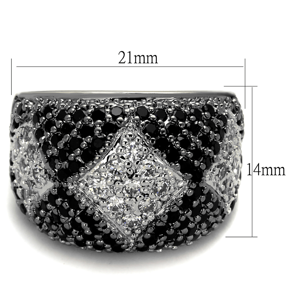 LO3738 - Rhodium + Ruthenium Brass Ring with AAA Grade CZ  in Black Diamond