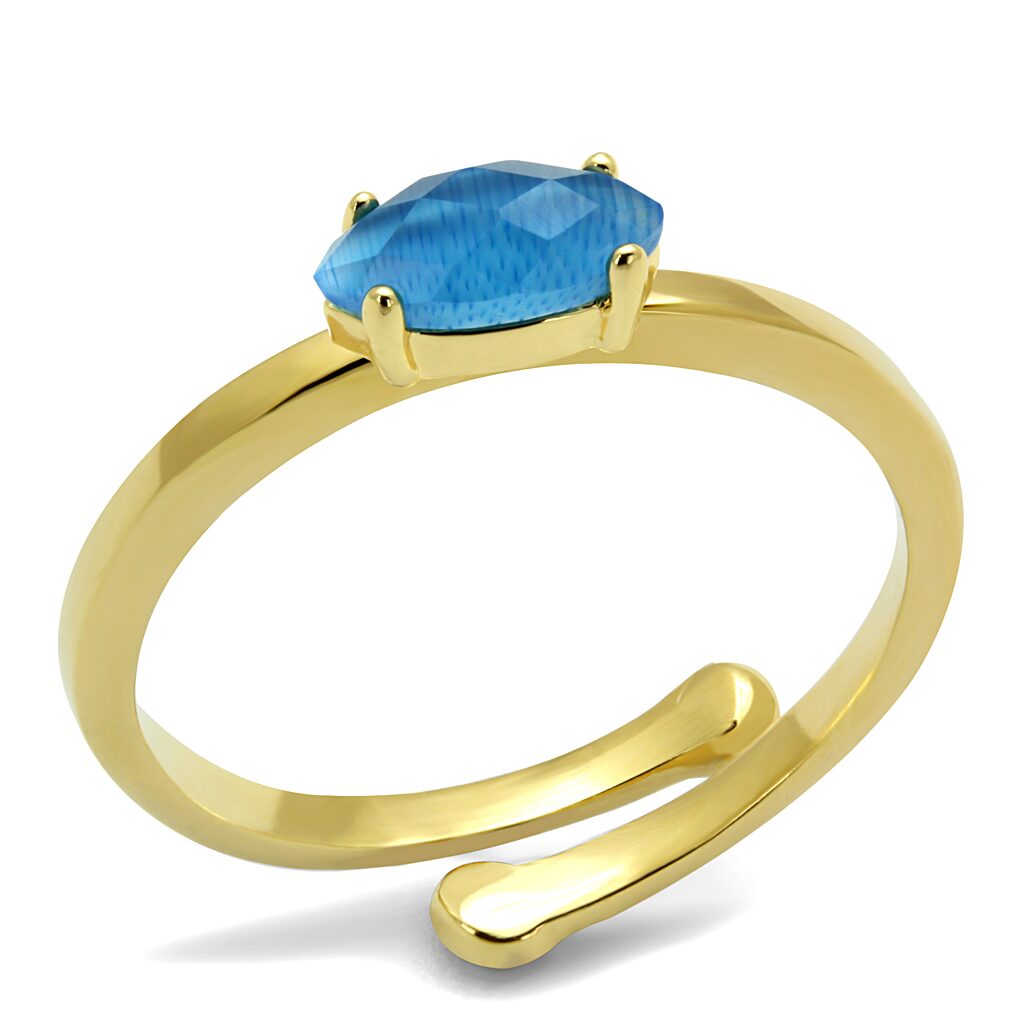 LO4064 - Flash Gold Brass Ring with Synthetic Cat Eye in Capri Blue