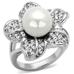 LO4088 - Rhodium Brass Ring with Synthetic Pearl in White