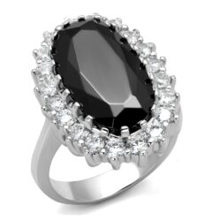 LO4094 - Rhodium Brass Ring with AAA Grade CZ  in Black Diamond