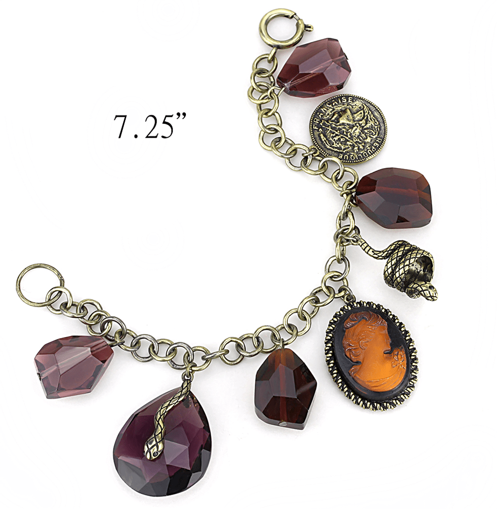 LO4223 - Antique Copper Brass Bracelet with Synthetic Synthetic Glass in Amethyst