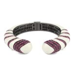 LO4322 - TIN Cobalt Black Brass Bangle with Top Grade Crystal  in Fuchsia