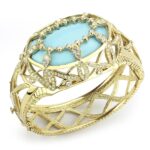 LO4348 - Gold Brass Bangle with Synthetic  in Sea Blue