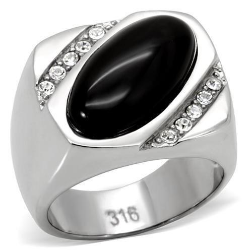 TK02214 - High polished (no plating) Stainless Steel Ring with Semi-Precious Agate in Jet