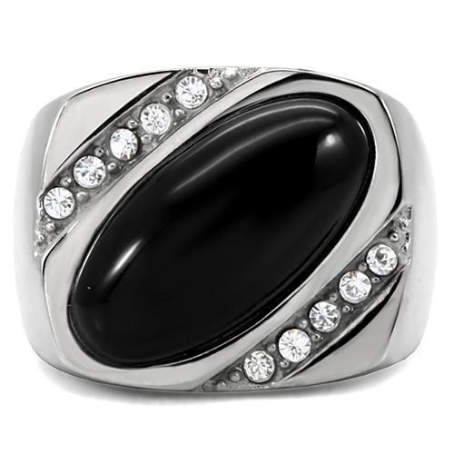 TK02214 - High polished (no plating) Stainless Steel Ring with Semi-Precious Agate in Jet