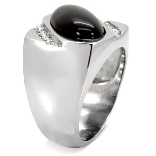 TK02214 - High polished (no plating) Stainless Steel Ring with Semi-Precious Agate in Jet