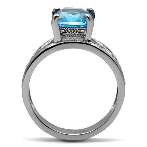 TK081 - High polished (no plating) Stainless Steel Ring with Synthetic Synthetic Glass in Sea Blue