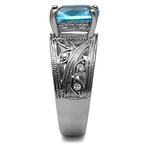 TK081 - High polished (no plating) Stainless Steel Ring with Synthetic Synthetic Glass in Sea Blue