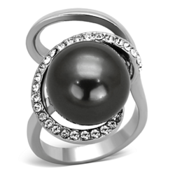 TK1218 - High polished (no plating) Stainless Steel Ring with Synthetic Pearl in Gray