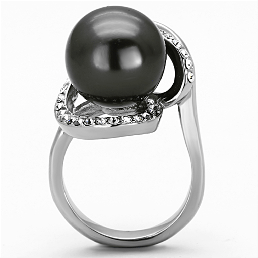 TK1218 - High polished (no plating) Stainless Steel Ring with Synthetic Pearl in Gray