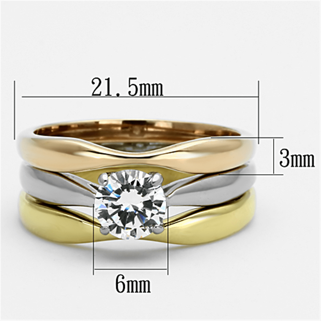 TK1278 - Three Tone IPï?‚?‹? IP Gold & IP Rose Gold & High Polished) Stainless Steel Ring with AAA Grade CZ  in Clear