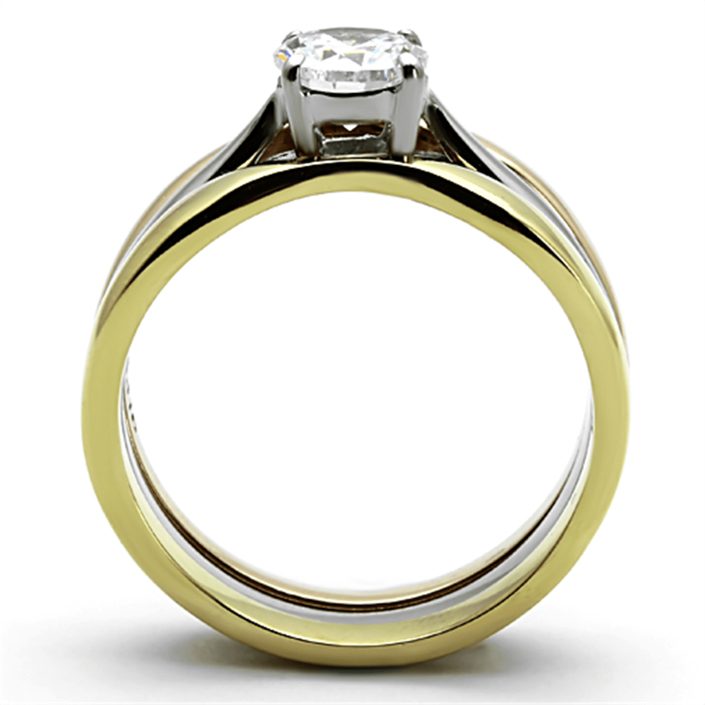 TK1278 - Three Tone IPï?‚?‹? IP Gold & IP Rose Gold & High Polished) Stainless Steel Ring with AAA Grade CZ  in Clear