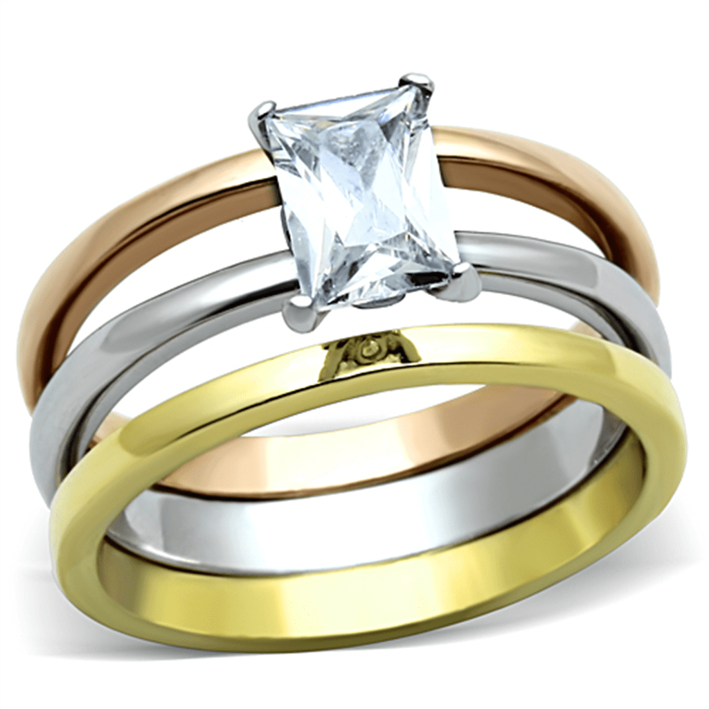 TK1279 - Three Tone IPï?‚?‹? IP Gold & IP Rose Gold & High Polished) Stainless Steel Ring with AAA Grade CZ  in Clear