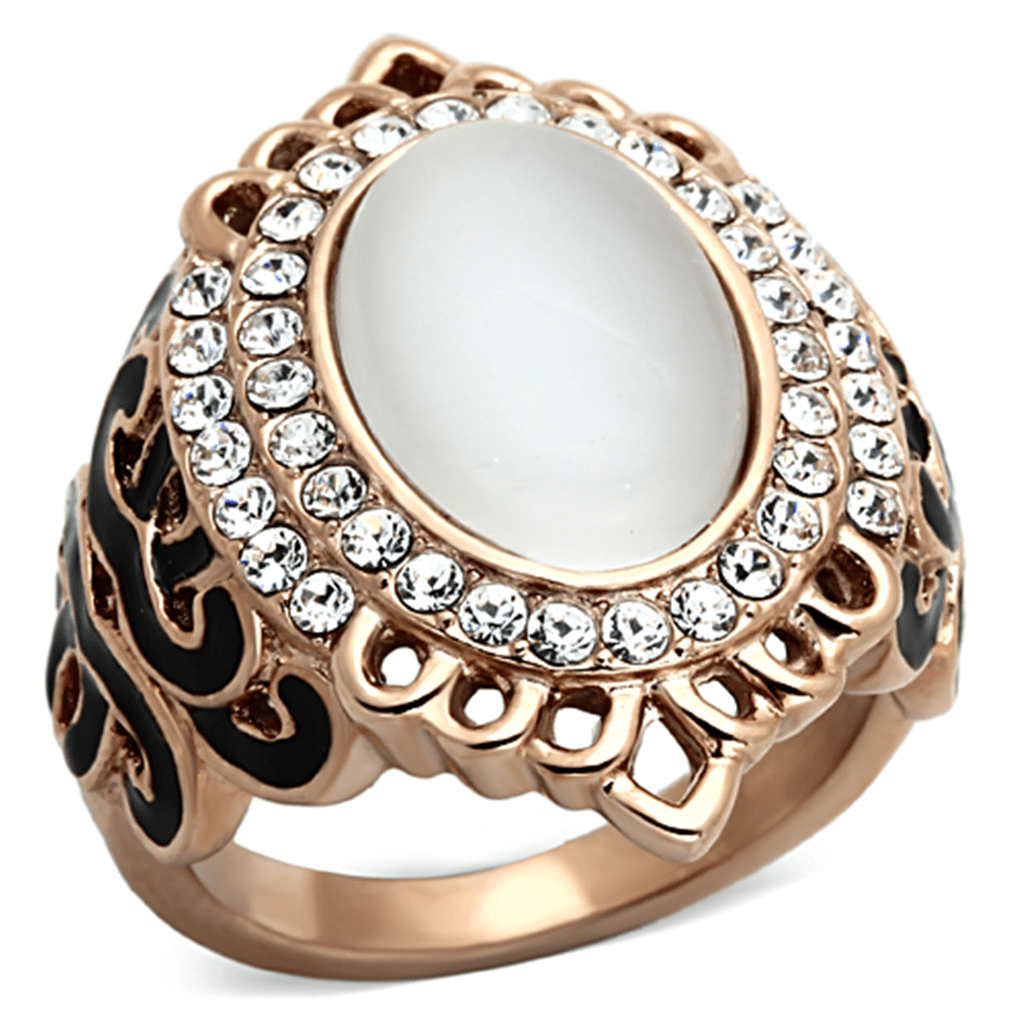 TK1286 - IP Rose Gold(Ion Plating) Stainless Steel Ring with Synthetic Cat Eye in White