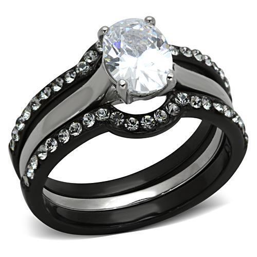 TK1344 - Two-Tone IP Black Stainless Steel Ring with AAA Grade CZ  in Clear