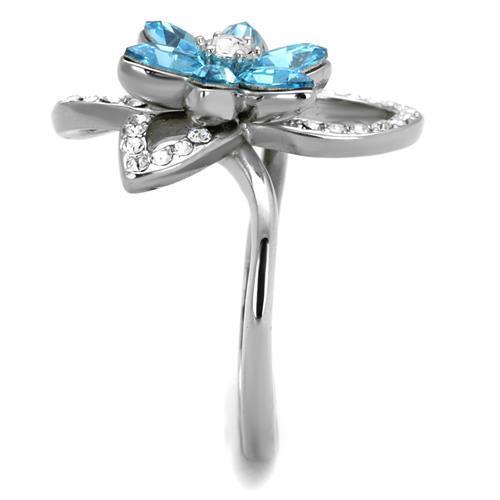 TK2123 - High polished (no plating) Stainless Steel Ring with Top Grade Crystal  in Sea Blue