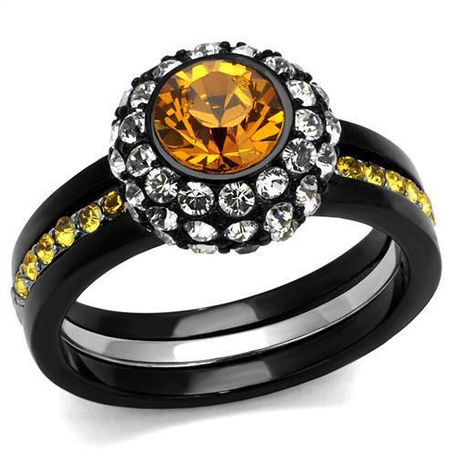 TK2783 - Two-Tone IP Black (Ion Plating) Stainless Steel Ring with Top Grade Crystal  in Topaz