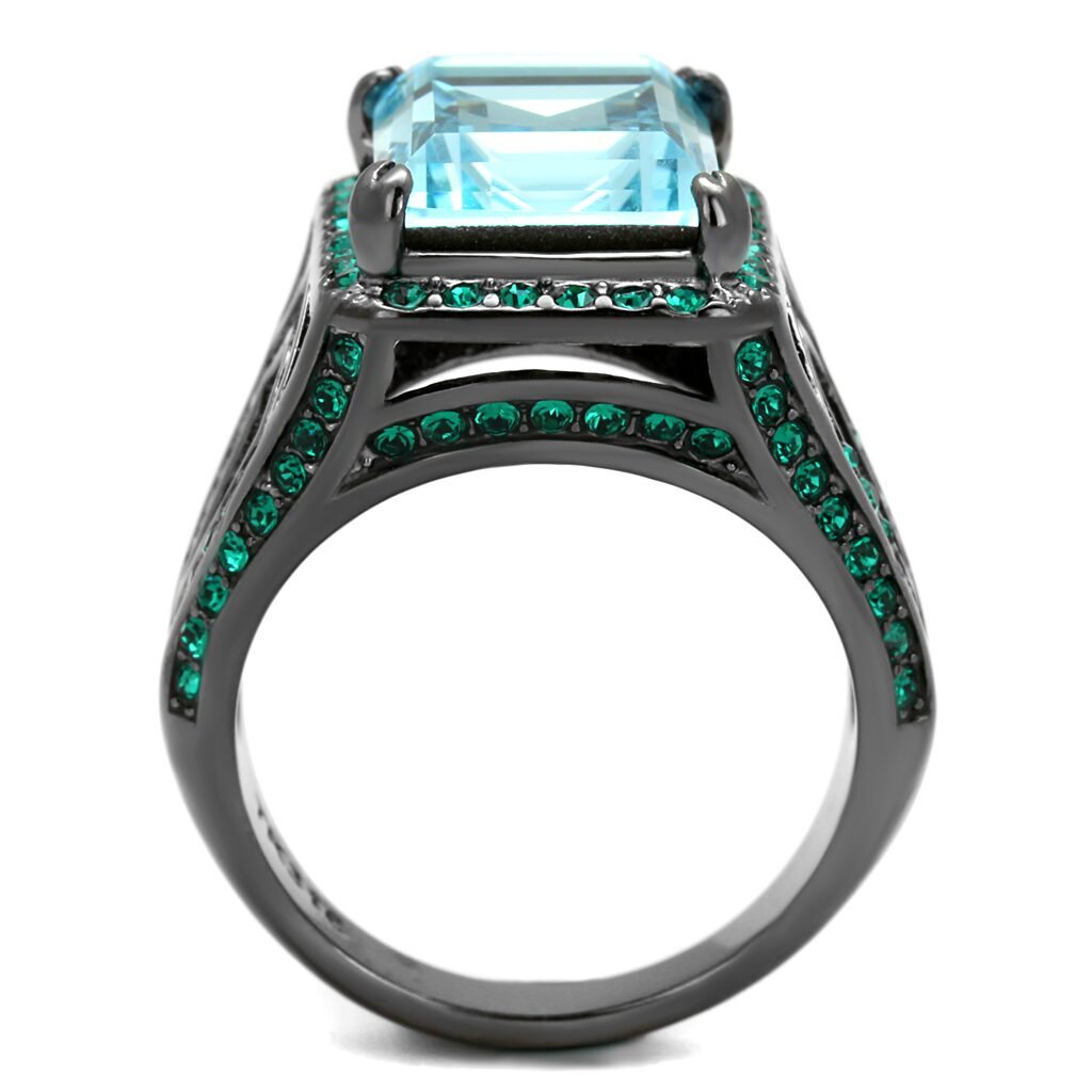 TK2988 - IP Light Black  (IP Gun) Stainless Steel Ring with Top Grade Crystal  in Sea Blue