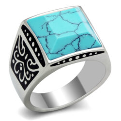 TK304 - High polished (no plating) Stainless Steel Ring with Synthetic Turquoise in Sea Blue