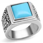 TK3188 - High polished (no plating) Stainless Steel Ring with Synthetic Turquoise in Sea Blue