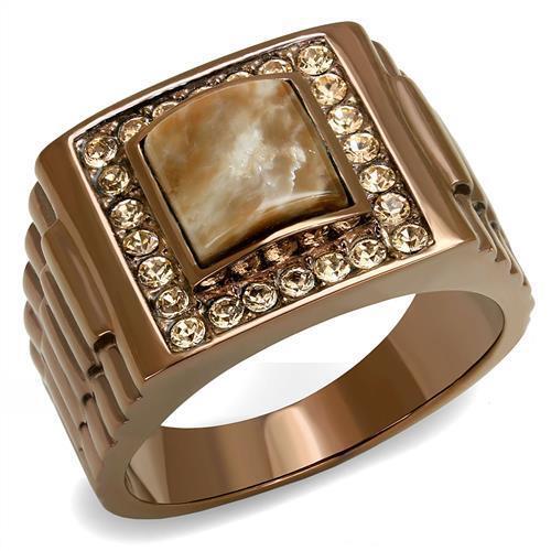 TK3190 - IP Coffee light Stainless Steel Ring with Semi-Precious Rain Flower Stone in Brown