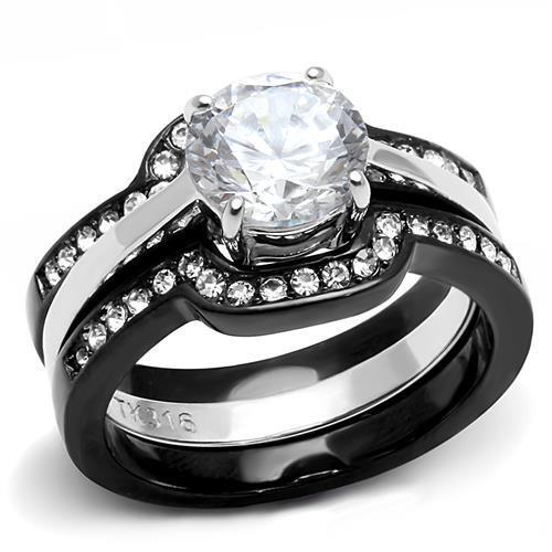 TK3214 - Two-Tone IP Black (Ion Plating) Stainless Steel Ring with AAA Grade CZ  in Clear