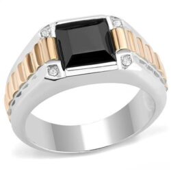 TK3227 - Two-Tone IP Rose Gold Stainless Steel Ring with Synthetic Onyx in Jet