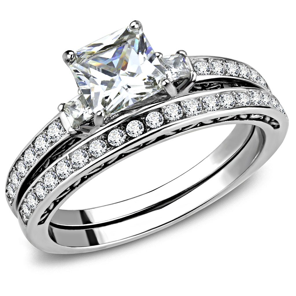 TK3510 - High polished (no plating) Stainless Steel Ring with AAA Grade CZ  in Clear