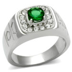 TK496 - High polished (no plating) Stainless Steel Ring with Synthetic Synthetic Glass in Emerald