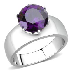 TK52002 - High polished (no plating) Stainless Steel Ring with AAA Grade CZ  in Amethyst