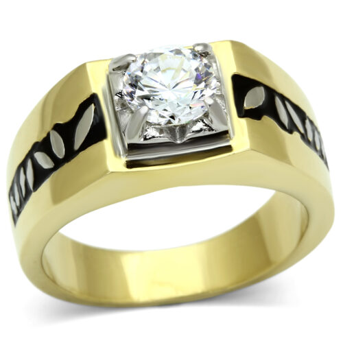 TK739 - Two-Tone IP Gold (Ion Plating) Stainless Steel Ring with AAA Grade CZ  in Clear