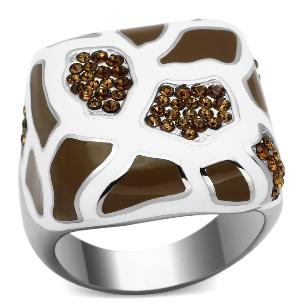 TK847 - High polished (no plating) Stainless Steel Ring with Top Grade Crystal  in Smoked Quartz